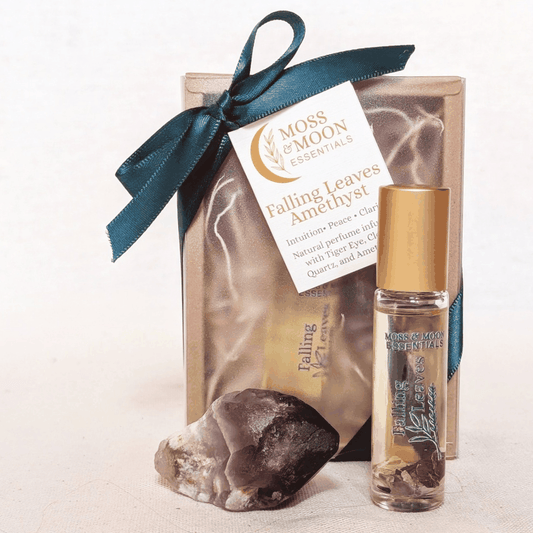 Aromatherapy Crystal Infused Essential Oil Perfume Gift Box Falling Leaves and Amethyst